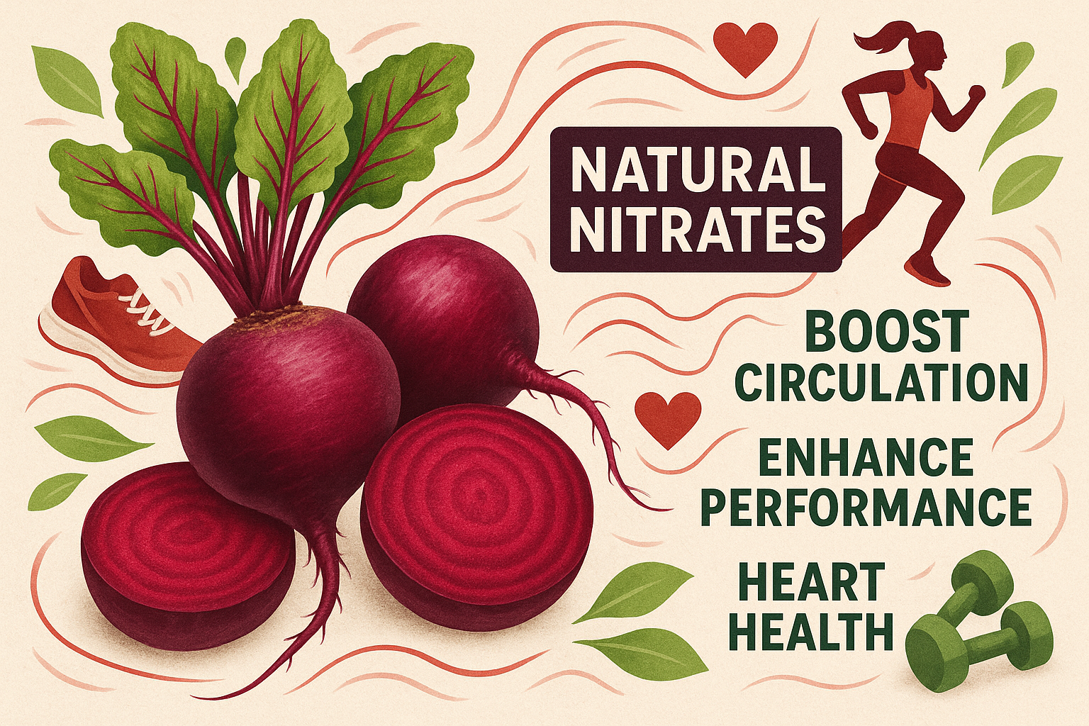 Beetroot: Natural nitrates boost circulation, enhance athletic performance, and support cardiovascular health.